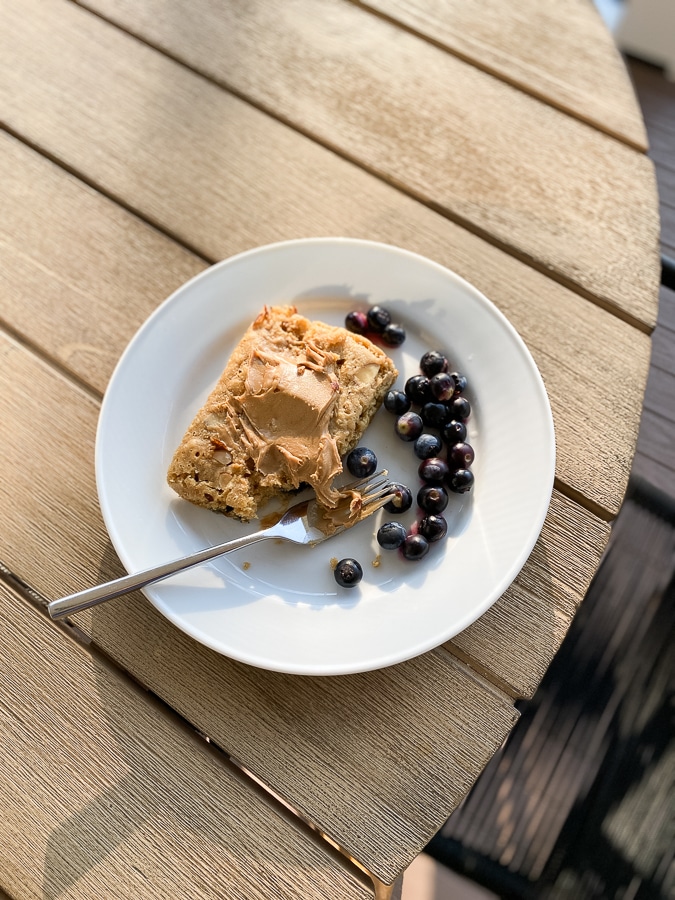 Sheet pan pancake with peanut butter + blueberries