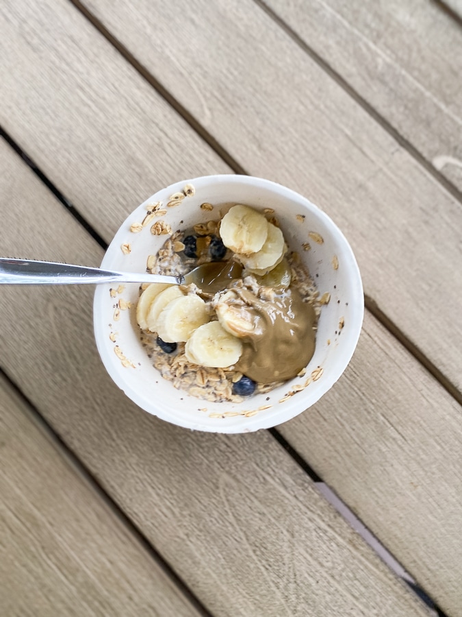 Overnight oats with blueberries and sunflower butter.