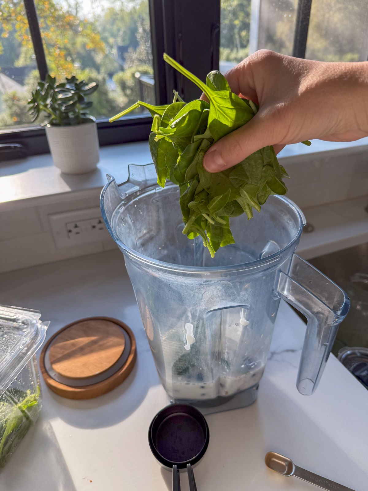 adding handful of spinach to blender